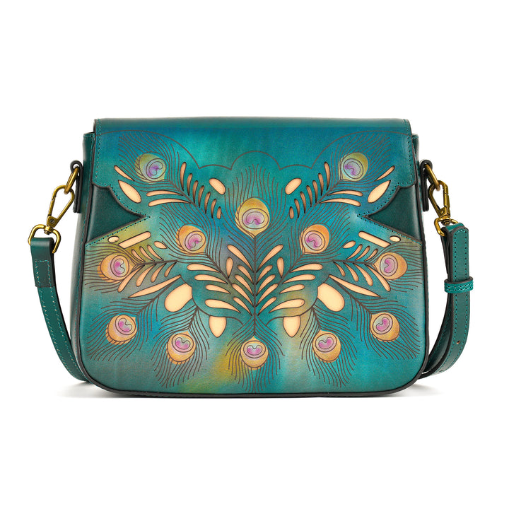 Peacock Feather Embossed Leather Crossbody Bag