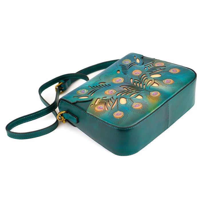 Peacock Feather Embossed Leather Crossbody Bag