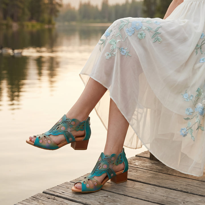 Peacock-Inspired Leather Cutout Sandals