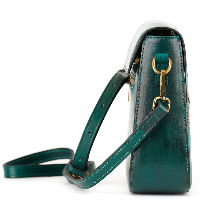 Peacock Feather Embossed Leather Crossbody Bag