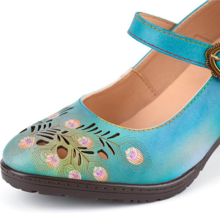 Escarpins Mary Jane en cuir d'inspiration paon