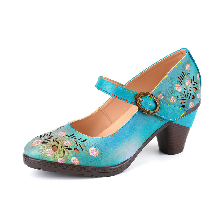 Escarpins Mary Jane en cuir d'inspiration paon