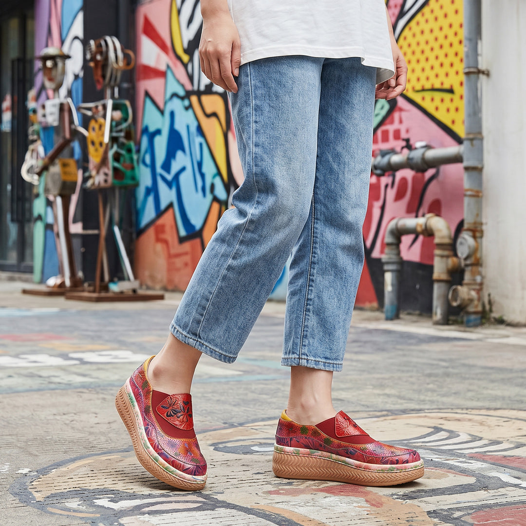 Red Floral-Pattern Platform Slip-On Shoes
