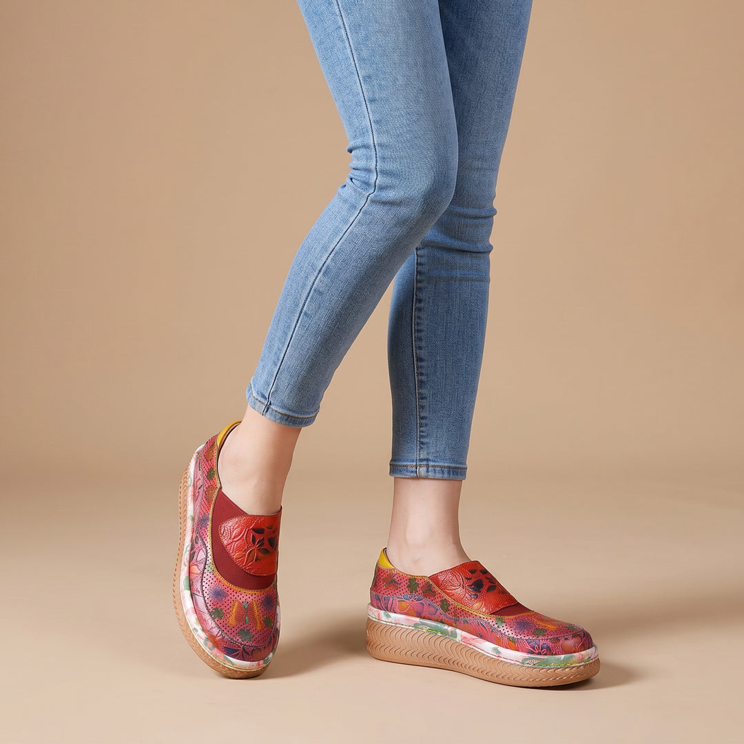 Red Floral-Pattern Platform Slip-On Shoes