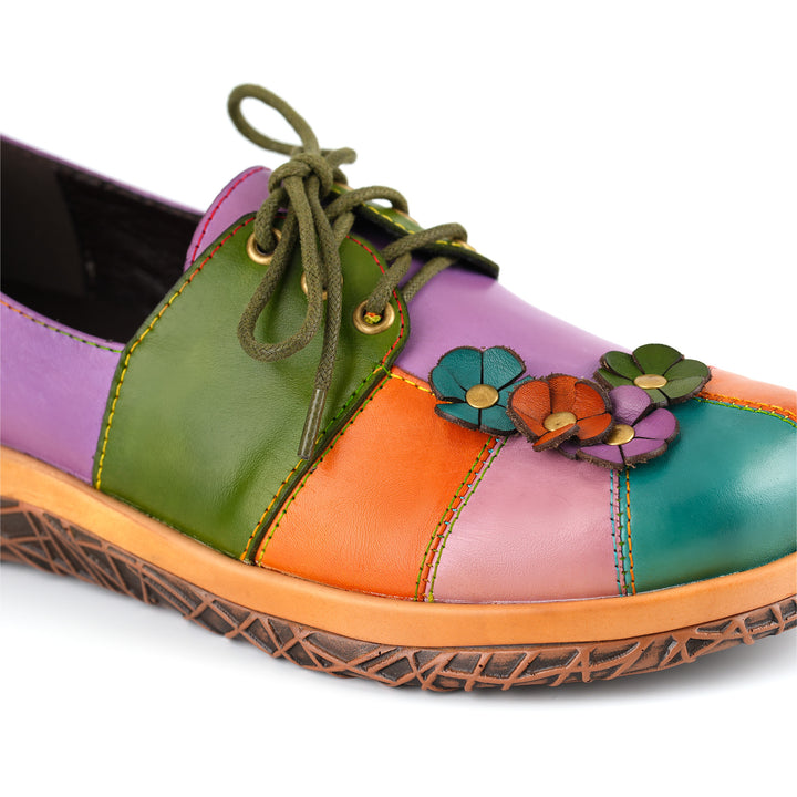 Zapatos planos con decoración floral en 3D de cuero multicolor