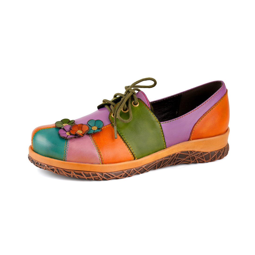 Zapatos planos con decoración floral en 3D de cuero multicolor