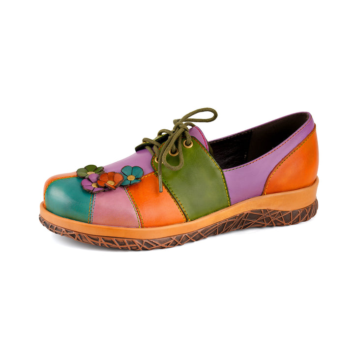 Zapatos planos con decoración floral en 3D de cuero multicolor