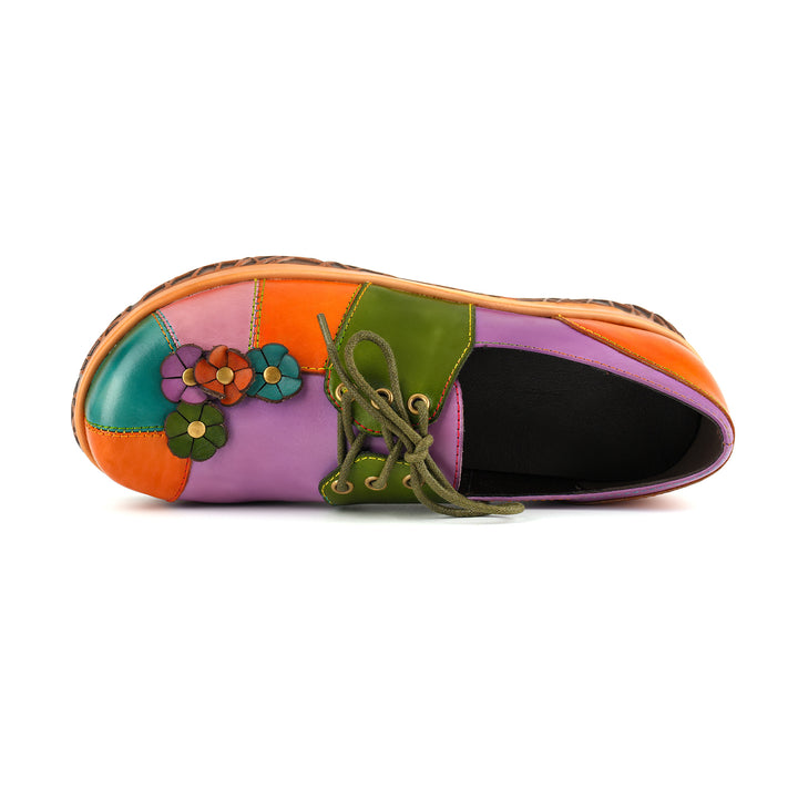 Zapatos planos con decoración floral en 3D de cuero multicolor