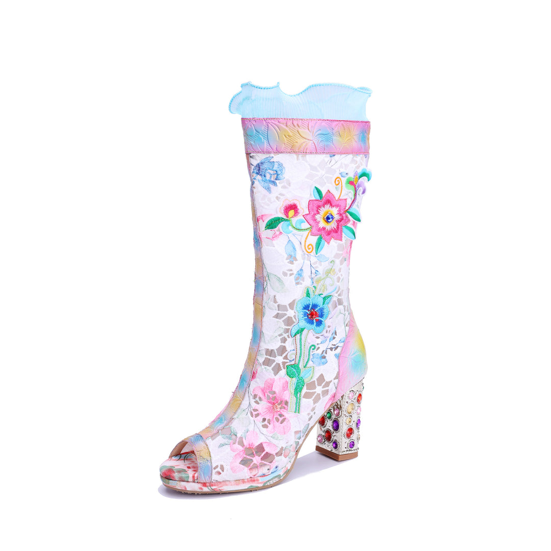 Bottes mi-mollet en dentelle brodée