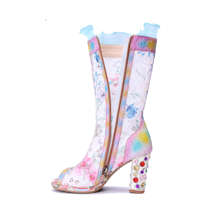 Bottes mi-mollet en dentelle brodée