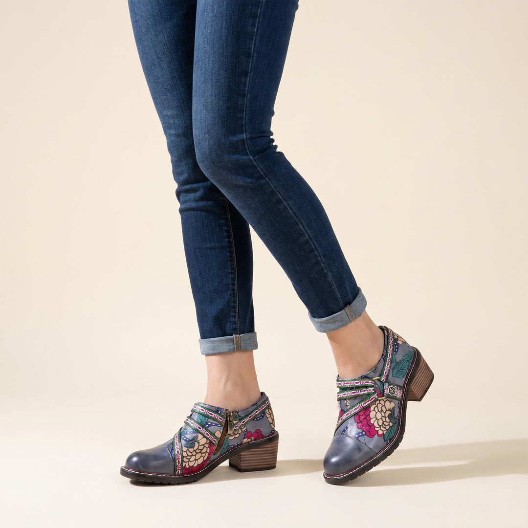 Hand Painted Leather&Velvet Panels Flat Boots