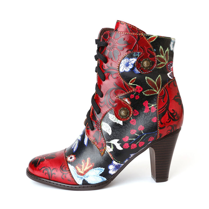 Leather Hand Embossed Adjustable High Heel Boots