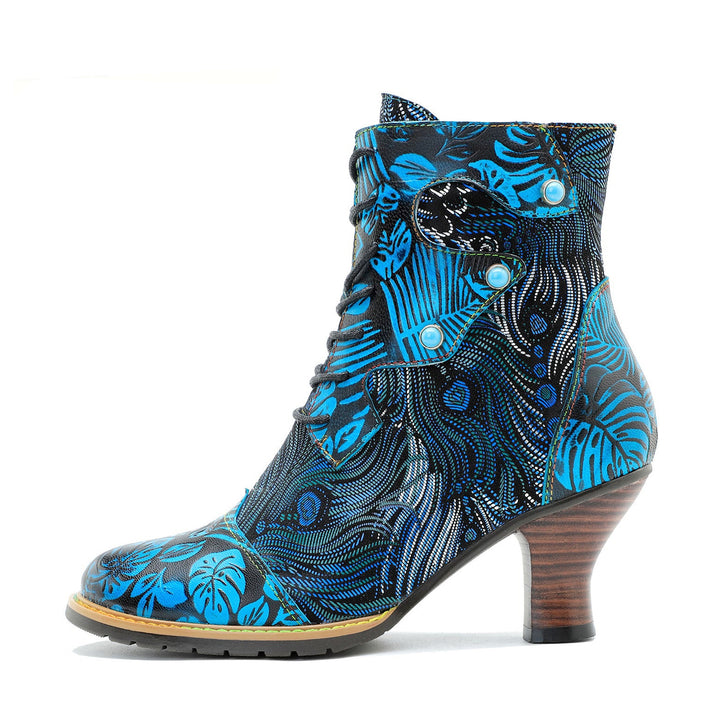 Blue Embossed Leather And Warm Brocade Comfy Ankle Boots