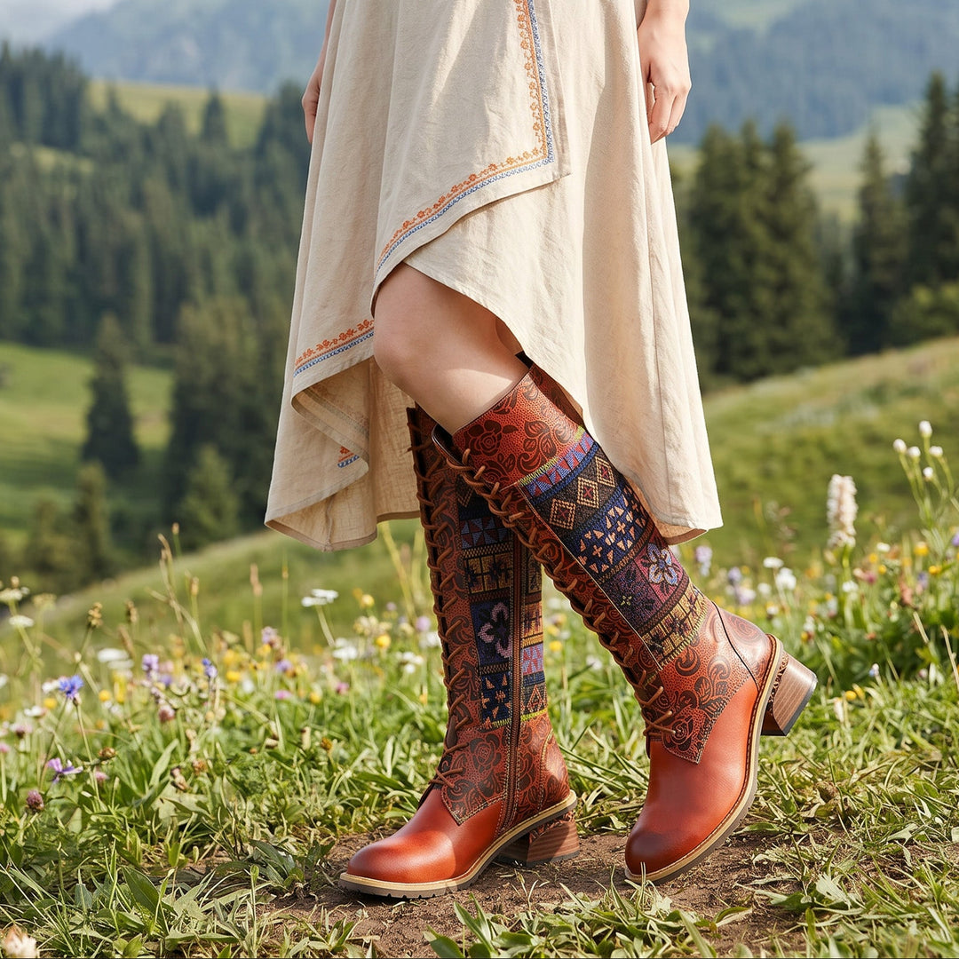 Vintage Bohemian Leather Splicing Pattern Boots