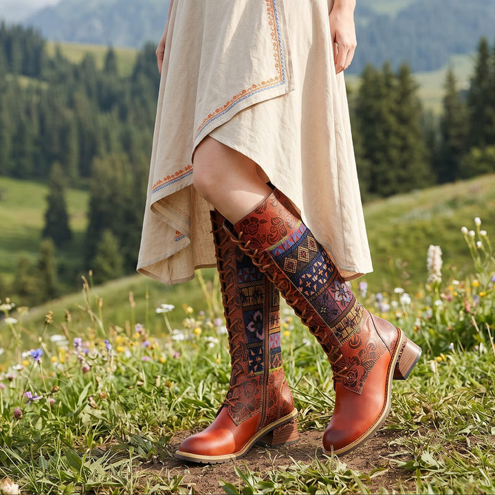 Vintage Bohemian Leather Splicing Pattern Boots