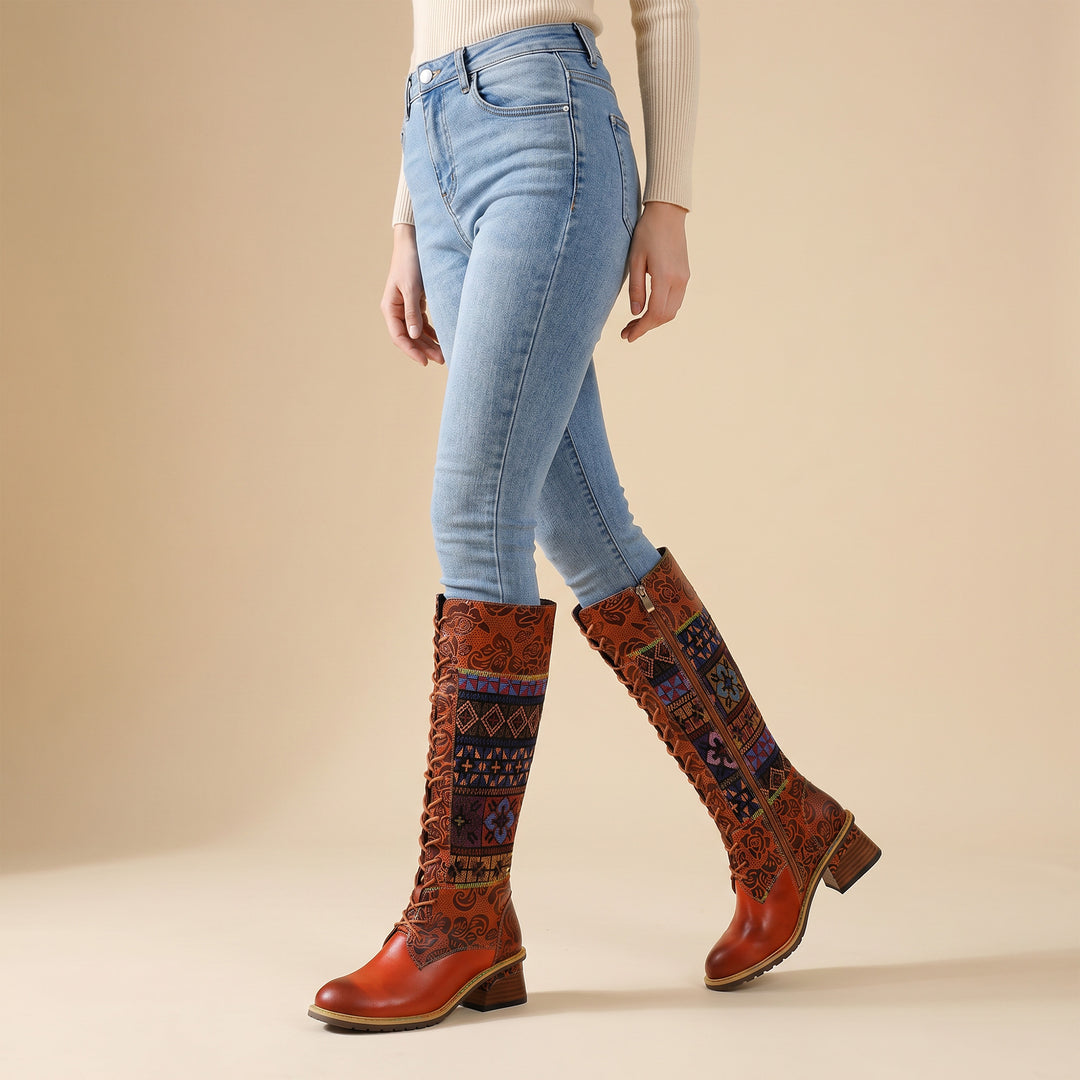 Vintage Bohemian Leather Splicing Pattern Boots