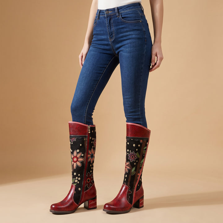 Bohemio de bloque de cuero botas largas patrón exótico