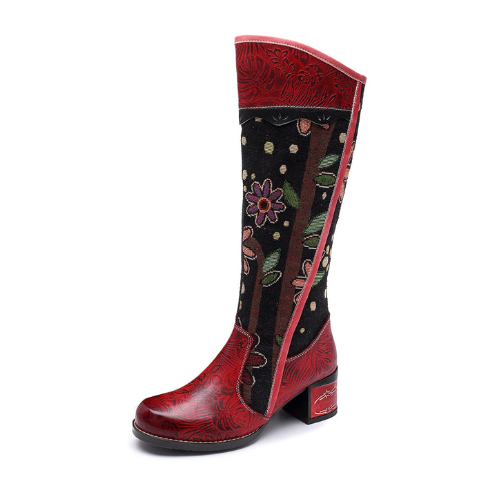 Bohemio de bloque de cuero botas largas patrón exótico