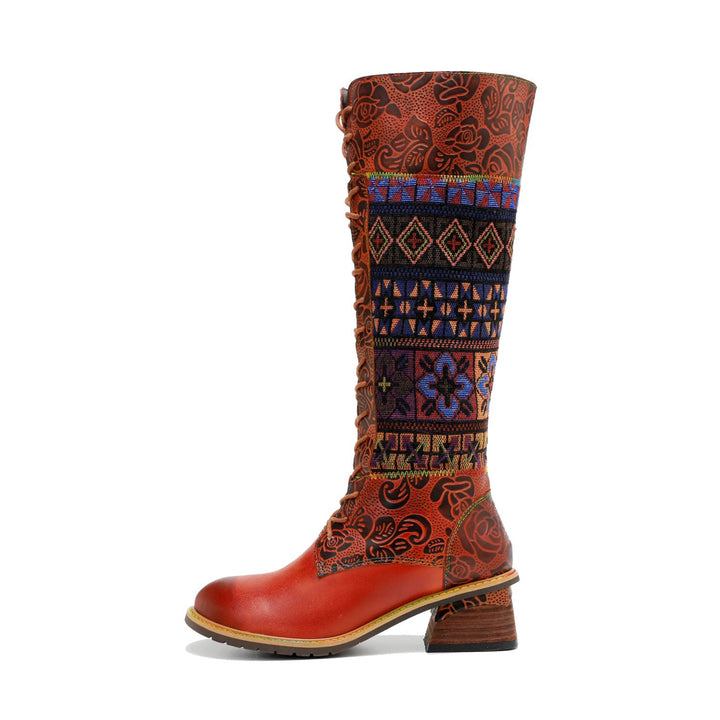 Vintage Bohemian Leather Splicing Pattern Boots