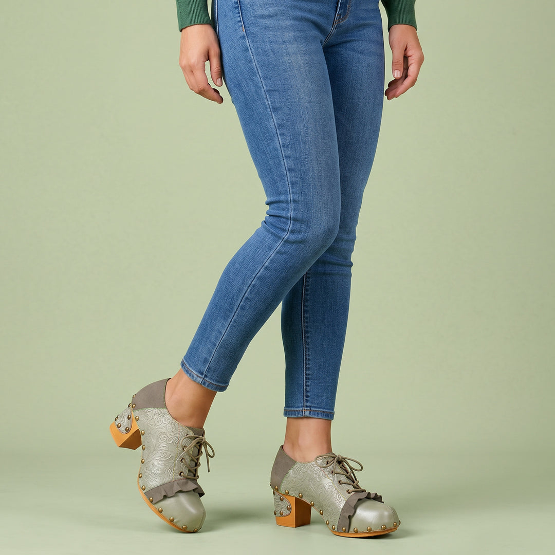 Vintage Lace-Up Oxford Embossed Floral Pumps