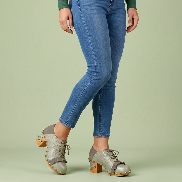 Vintage Lace-Up Oxford Embossed Floral Pumps
