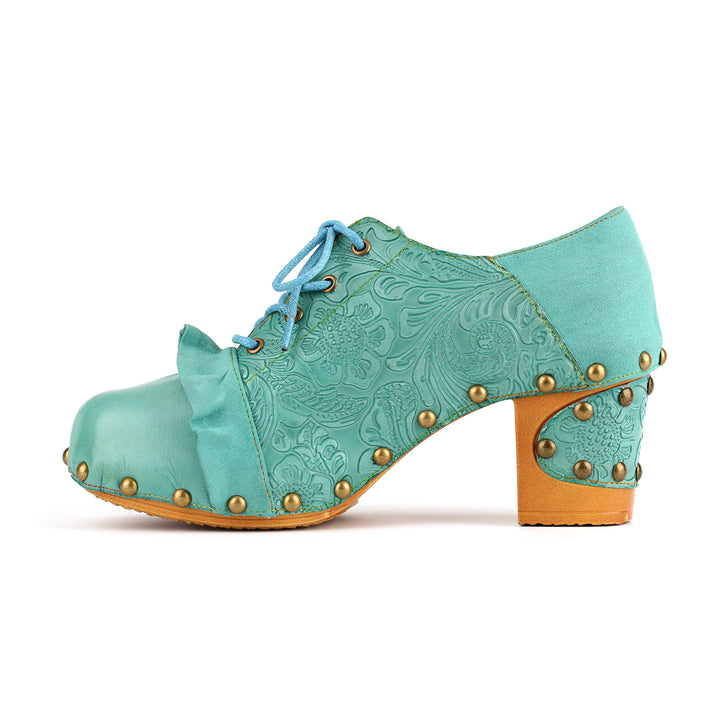 Vintage Lace-Up Oxford Embossed Floral Pumps