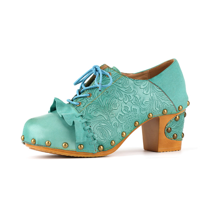 Vintage Lace-Up Oxford Embossed Floral Pumps