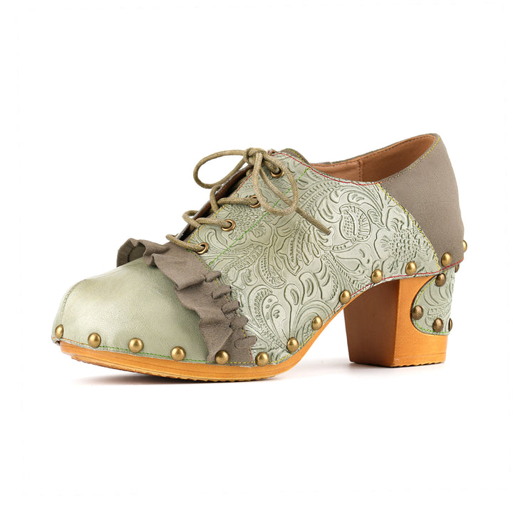 Vintage Lace-Up Oxford Embossed Floral Pumps