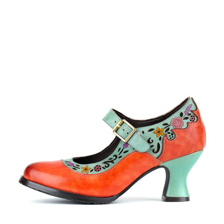 Bombas Mary Jane com design floral retrô em dois tons