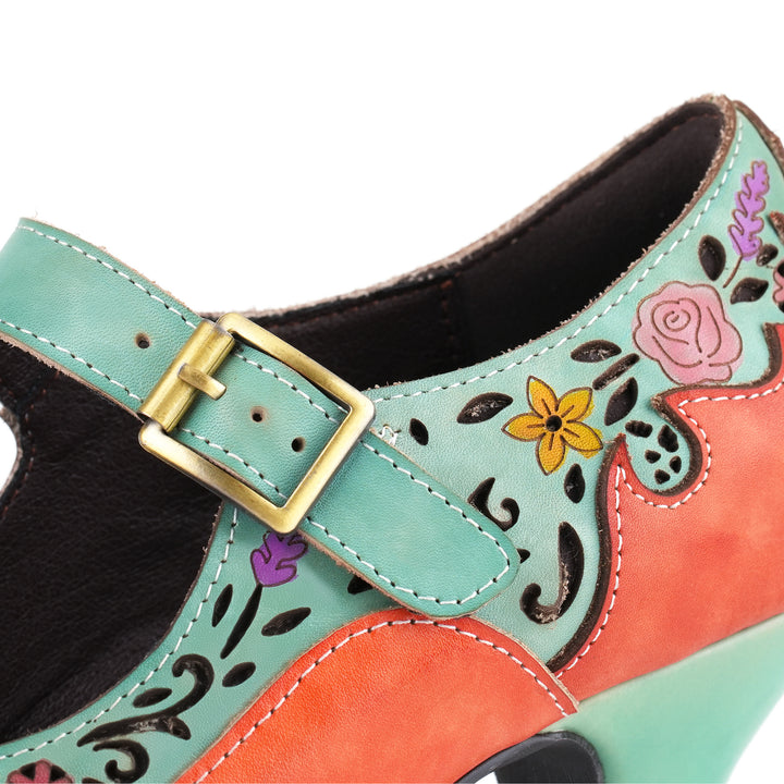 Bombas Mary Jane com design floral retrô em dois tons