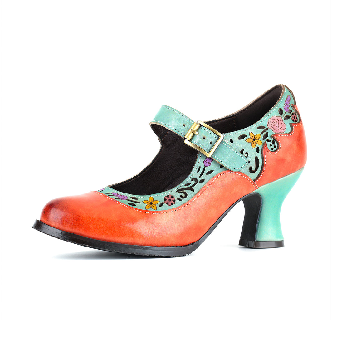 Bombas Mary Jane com design floral retrô em dois tons