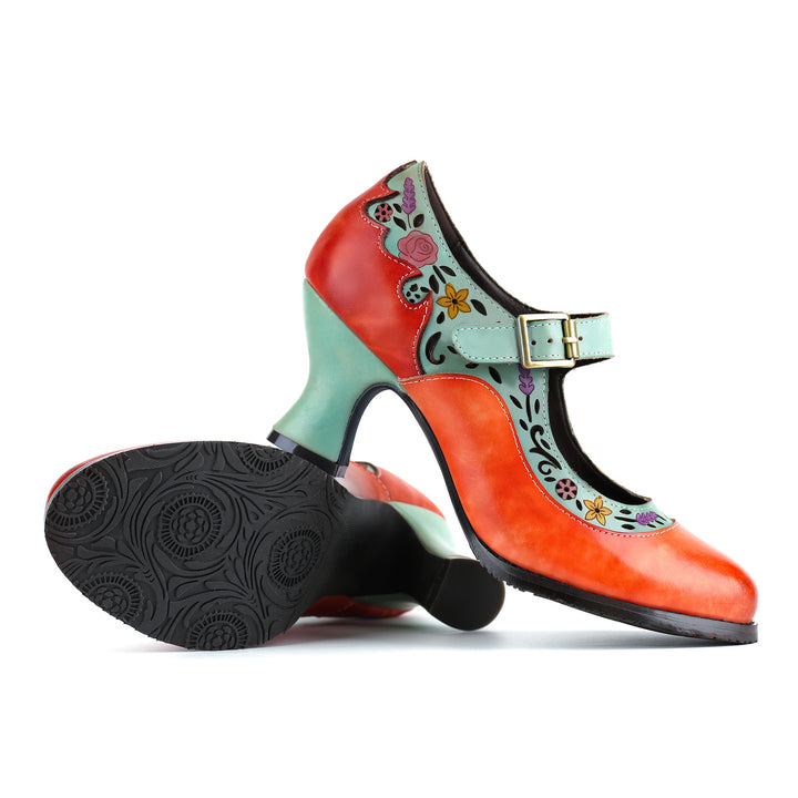 Bombas Mary Jane com design floral retrô em dois tons