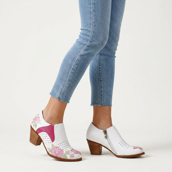 Floral Printed Leather Slip-On Ankle Shoes