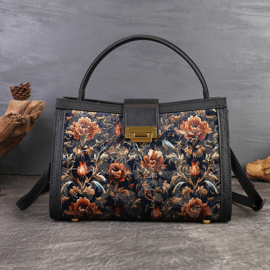 Borsa tote a spalla ricamata floreale vintage