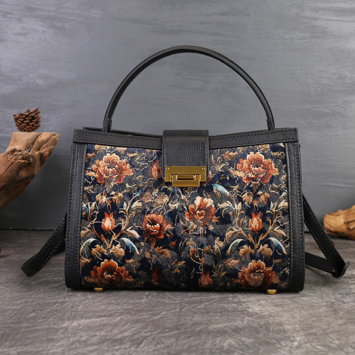 Borsa tote a spalla ricamata floreale vintage