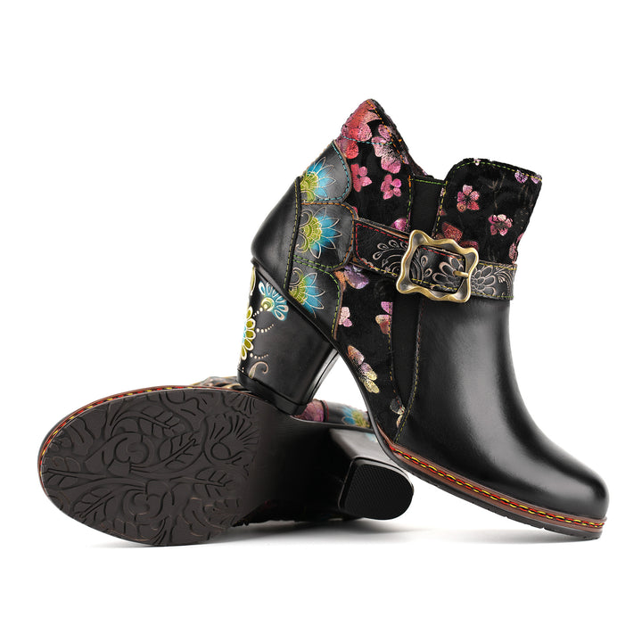 Vintage Handmde Floral Buckle Strap Ankle Boots