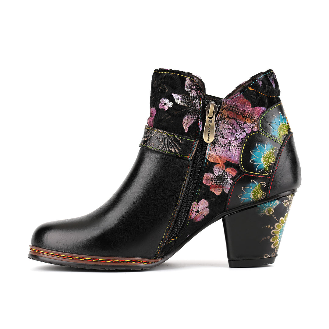 Vintage Handmde Floral Buckle Strap Ankle Boots