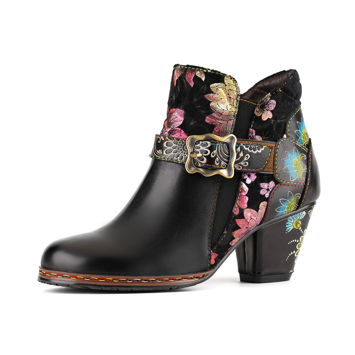 Vintage Handmde Floral Buckle Strap Ankle Boots