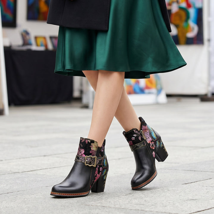 Vintage Handmde Floral Buckle Strap Ankle Boots