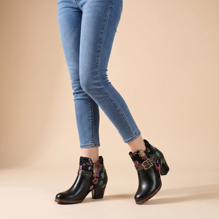 Vintage Handmde Floral Buckle Strap Ankle Boots