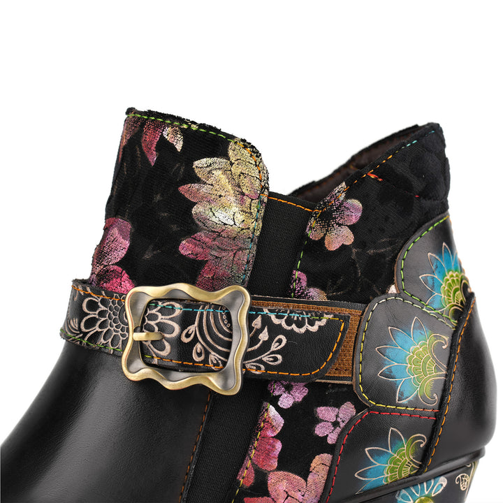 Vintage Handmde Floral Buckle Strap Ankle Boots