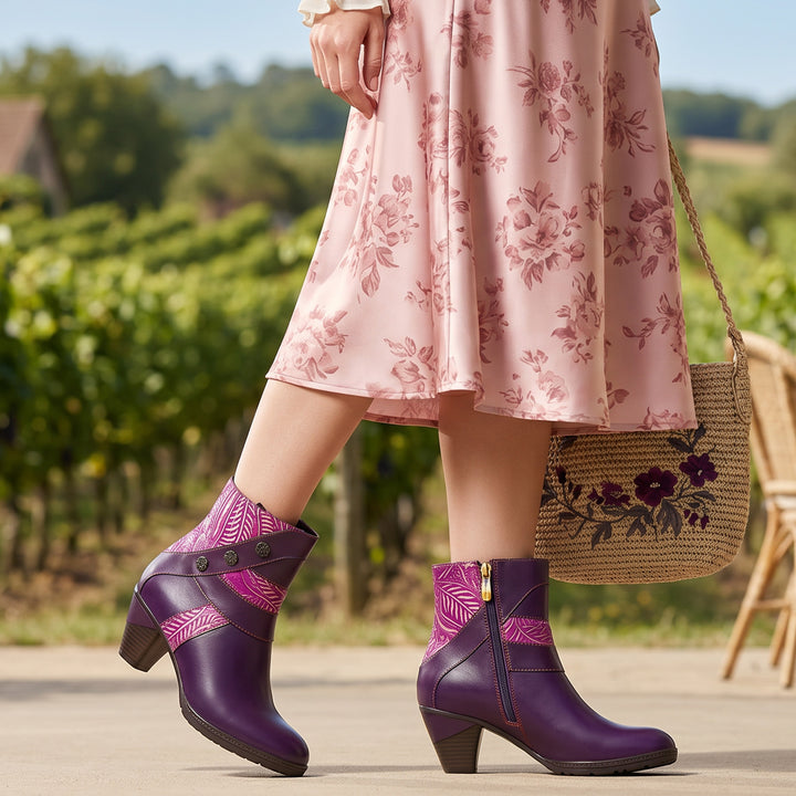 Vintage Leaf Pattern Leather Ankle Boots