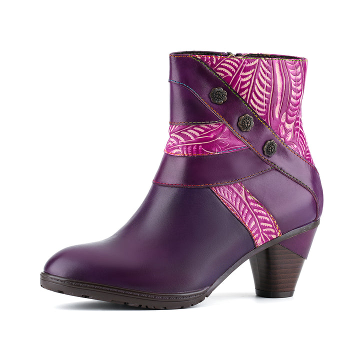 Vintage Leaf Pattern Leather Ankle Boots