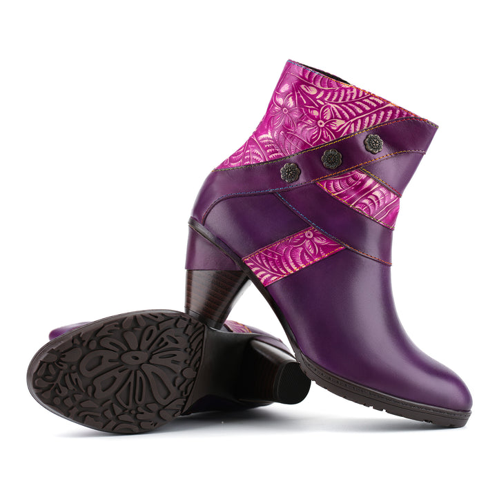 Vintage Leaf Pattern Leather Ankle Boots