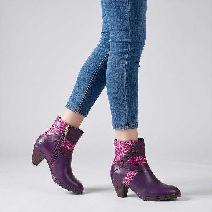 Vintage Leaf Pattern Leather Ankle Boots