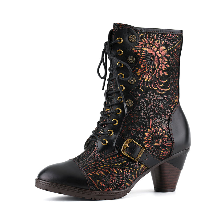 Vintage Floral Victorian Lace-Up Mid-Calf Boots