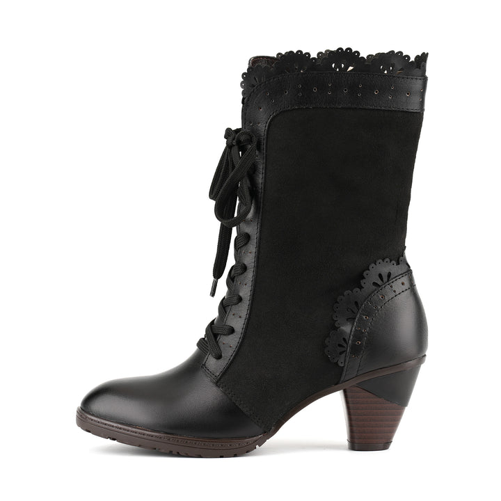 Victorian Scalloped Leather Trim Mid-Calf Boots