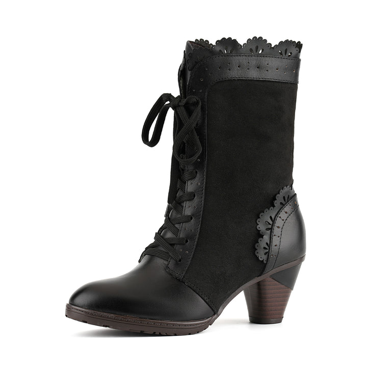 Victorian Scalloped Leather Trim Mid-Calf Boots