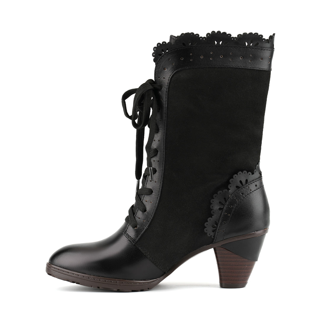 Victorian Scalloped Leather Trim Mid-Calf Boots