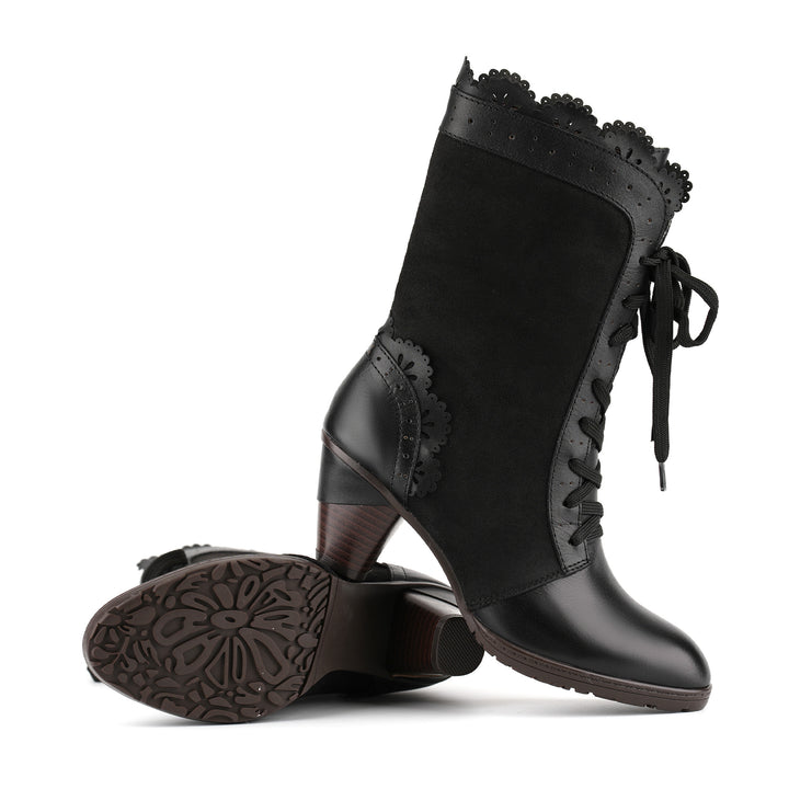 Victorian Scalloped Leather Trim Mid-Calf Boots